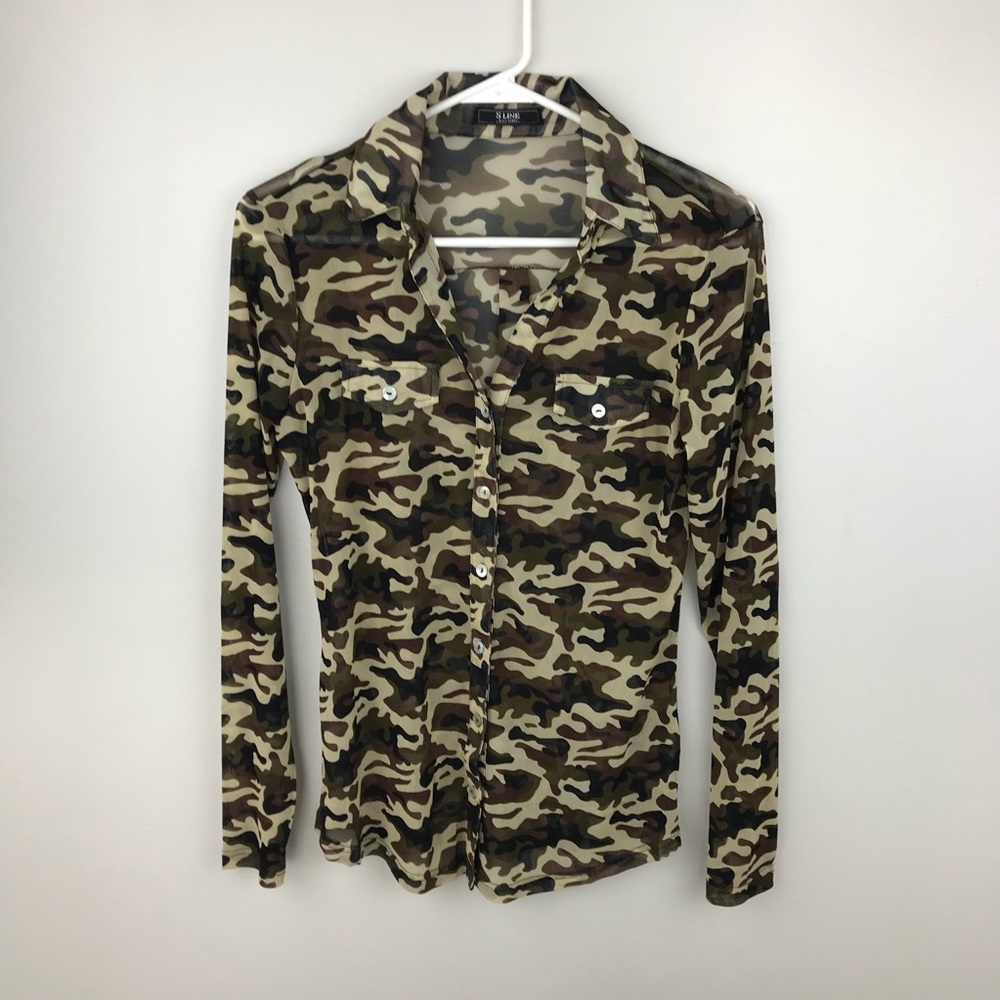 Camouflage See-Through Button Up Top
